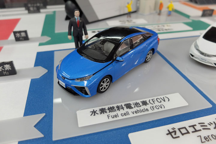 水素燃料電池車と教授のも模型